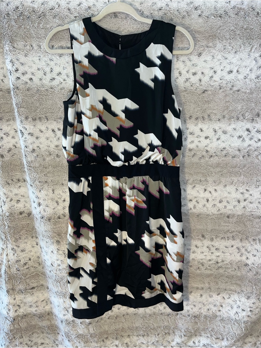 Trina Turk Black and White Printed Sleeveless Dress with Pink and Tan Accents